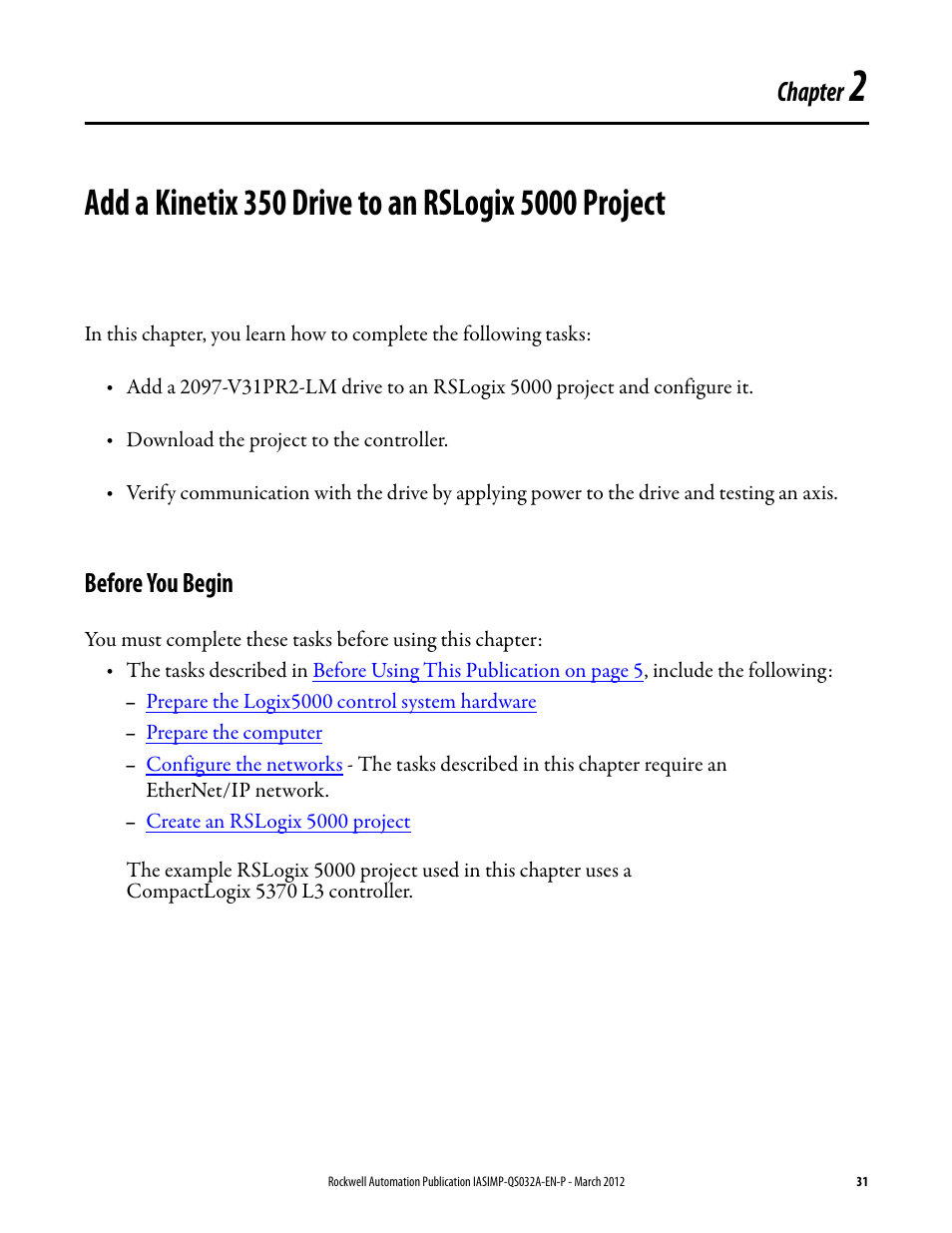 Before you begin, Chapter 2, Add a kinetix 350 drive to an rslogix 5000 project | Add a kinetix 350 drive to, An rslogix 5000 project, Chapter | Rockwell Automation Logix5000 Control System: Connect Kinetix 350 Drives over an EtherNet/IP Network Quick Start User Manual | Page 31 / 52