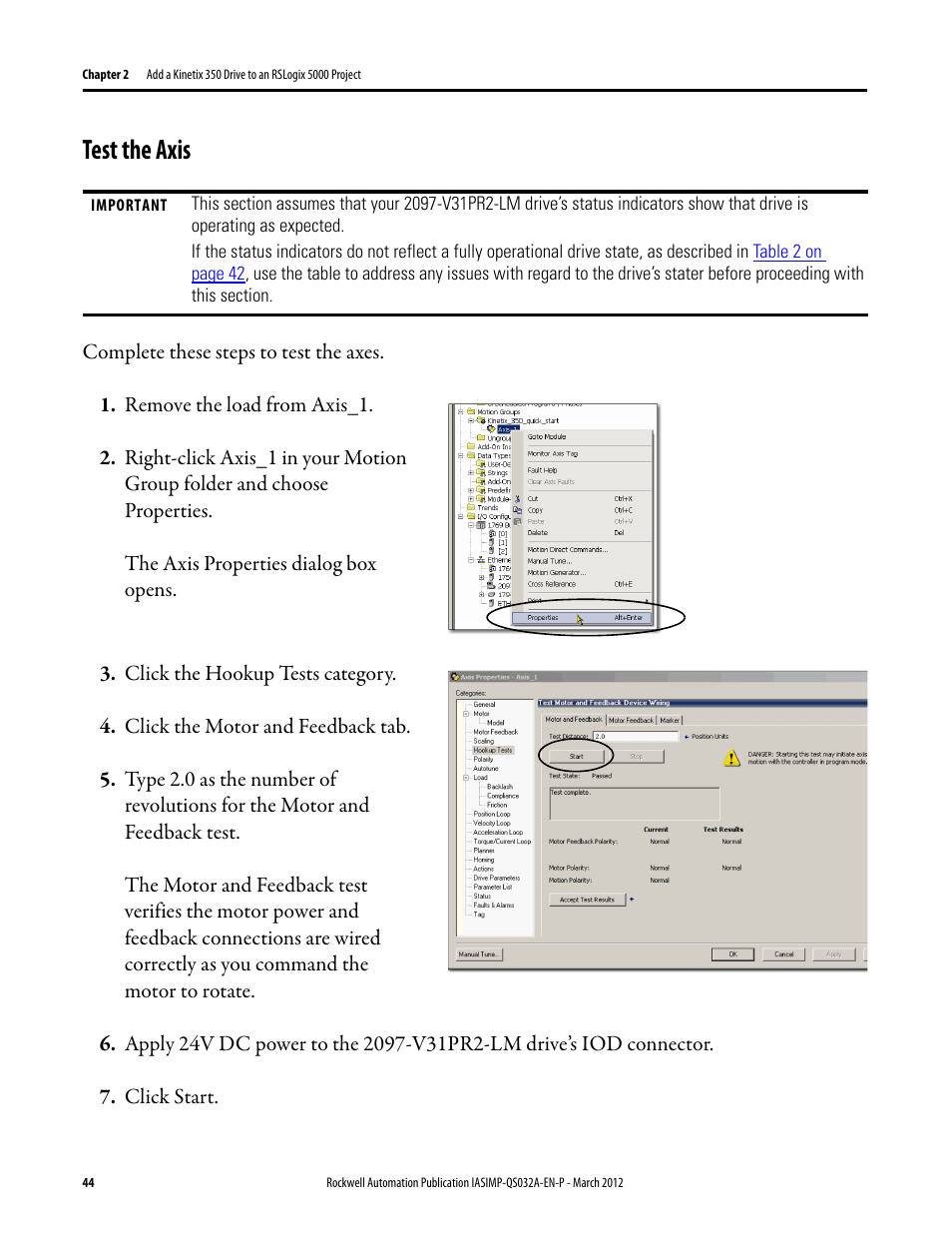 Test the axis | Rockwell Automation Logix5000 Control System: Connect Kinetix 350 Drives over an EtherNet/IP Network Quick Start User Manual | Page 44 / 52