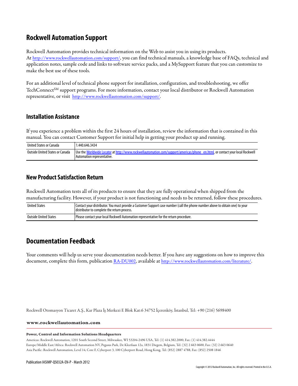 Back cover, Rockwell automation support, Documentation feedback | Installation assistance, New product satisfaction return | Rockwell Automation Logix5000 Control System: Connect Kinetix 350 Drives over an EtherNet/IP Network Quick Start User Manual | Page 52 / 52