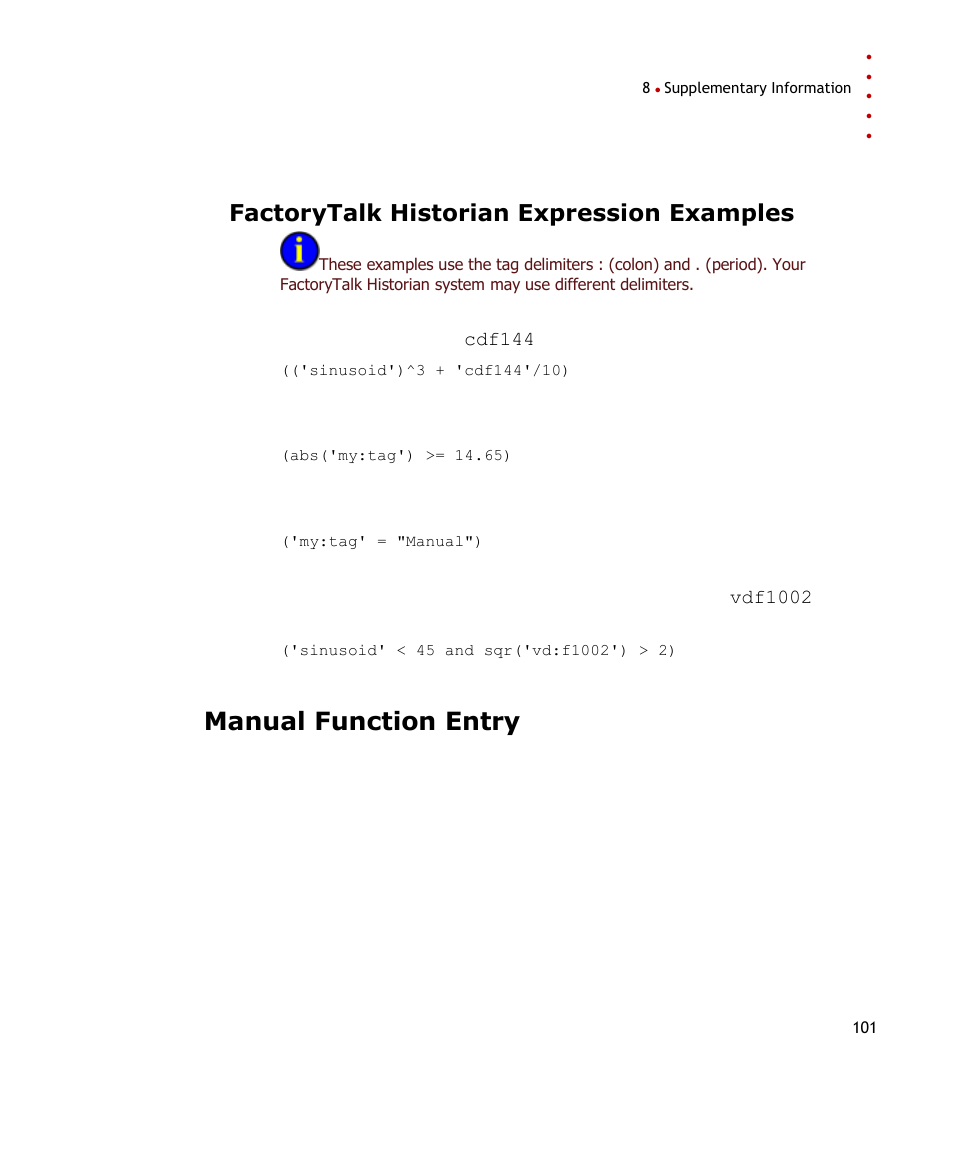 Factorytalk historian expression examples, Manual function entry | Rockwell Automation FactoryTalk Historian SE DataLink 4.2 User Guide User Manual | Page 109 / 164