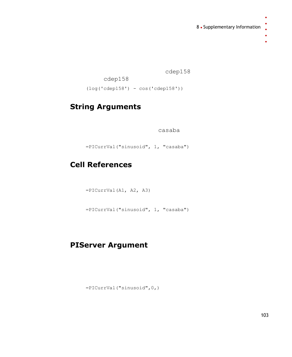 String arguments, Cell references, Piserver argument | Rockwell Automation FactoryTalk Historian SE DataLink 4.2 User Guide User Manual | Page 111 / 164