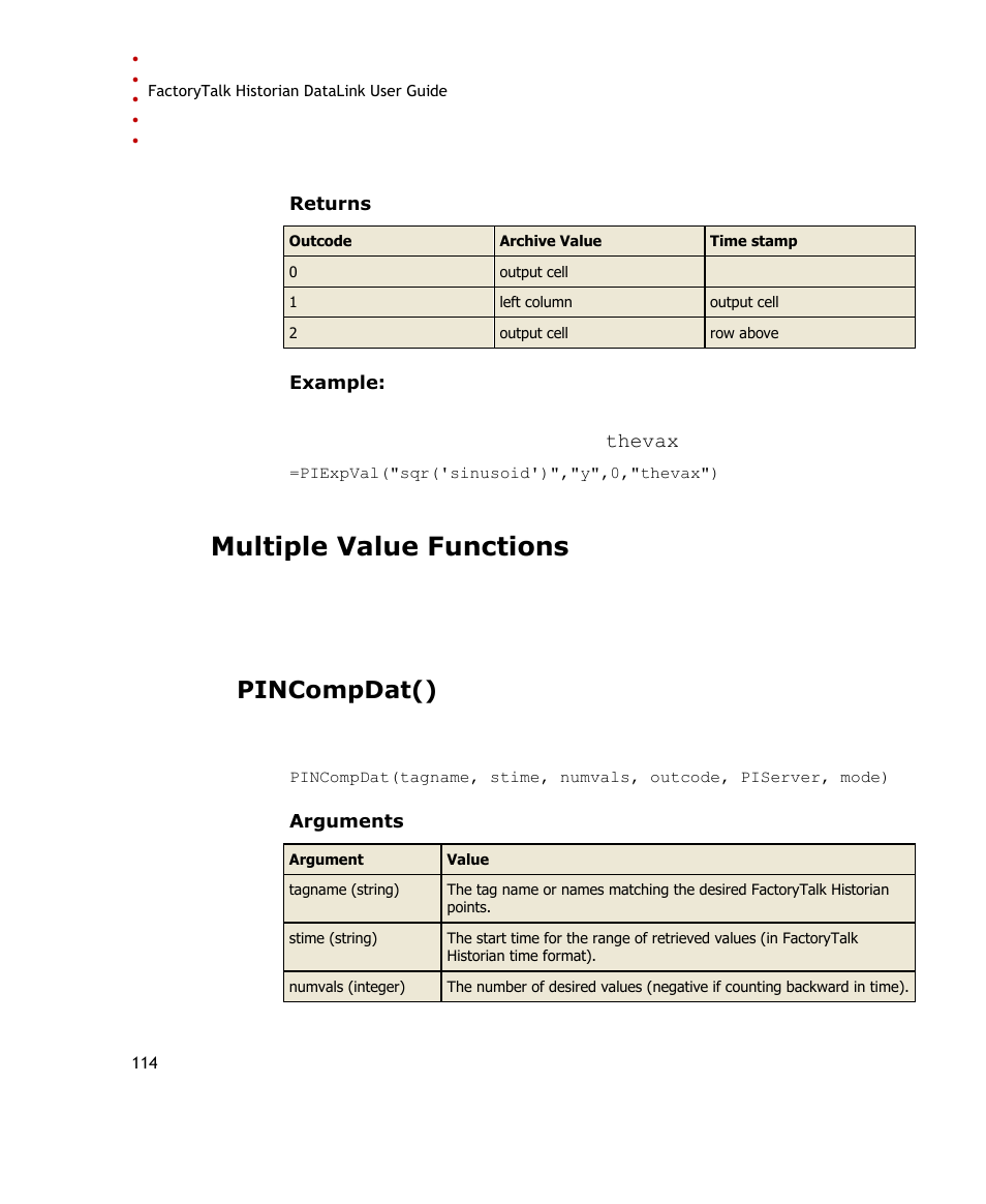 Multiple value functions, Pincompdat() | Rockwell Automation FactoryTalk Historian SE DataLink 4.2 User Guide User Manual | Page 122 / 164