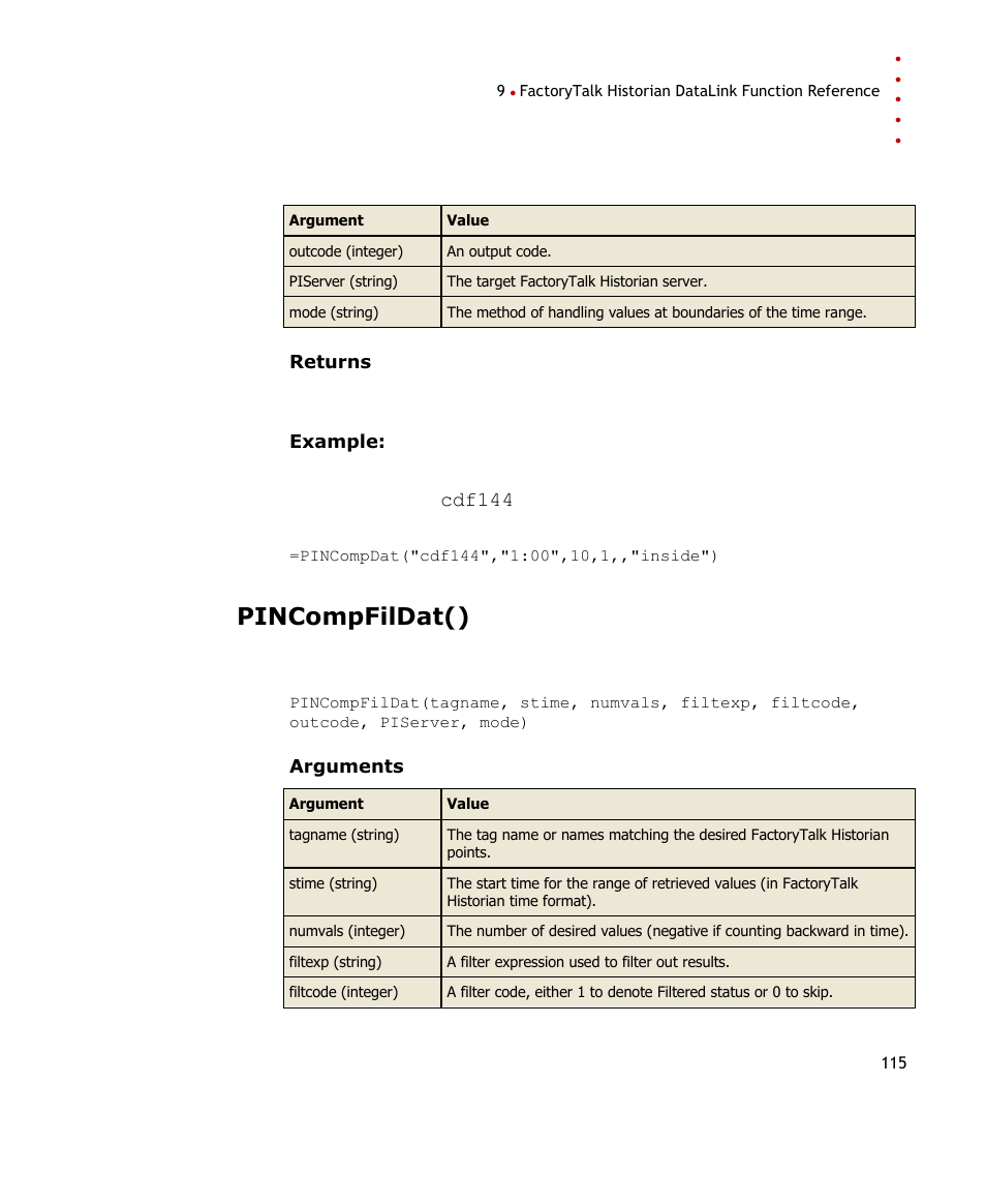 Pincompfildat() | Rockwell Automation FactoryTalk Historian SE DataLink 4.2 User Guide User Manual | Page 123 / 164