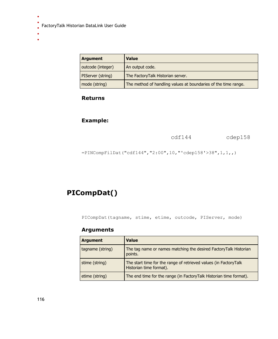 Picompdat() | Rockwell Automation FactoryTalk Historian SE DataLink 4.2 User Guide User Manual | Page 124 / 164