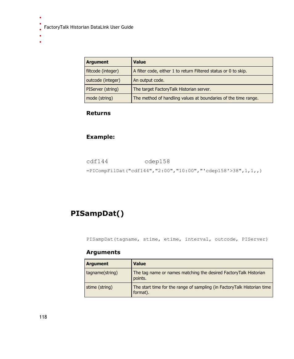 Pisampdat() | Rockwell Automation FactoryTalk Historian SE DataLink 4.2 User Guide User Manual | Page 126 / 164