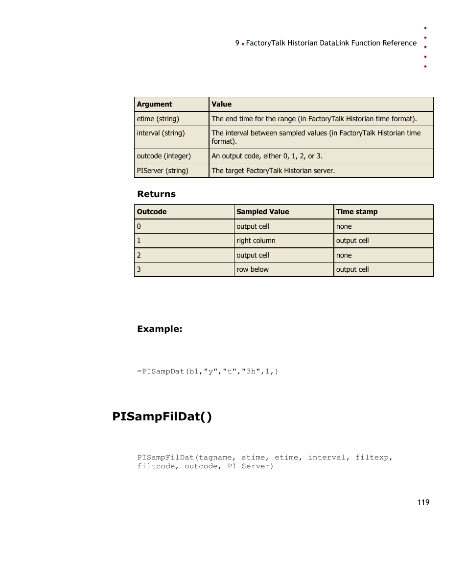 Pisampfildat(), Time stamps are also returned | Rockwell Automation FactoryTalk Historian SE DataLink 4.2 User Guide User Manual | Page 127 / 164