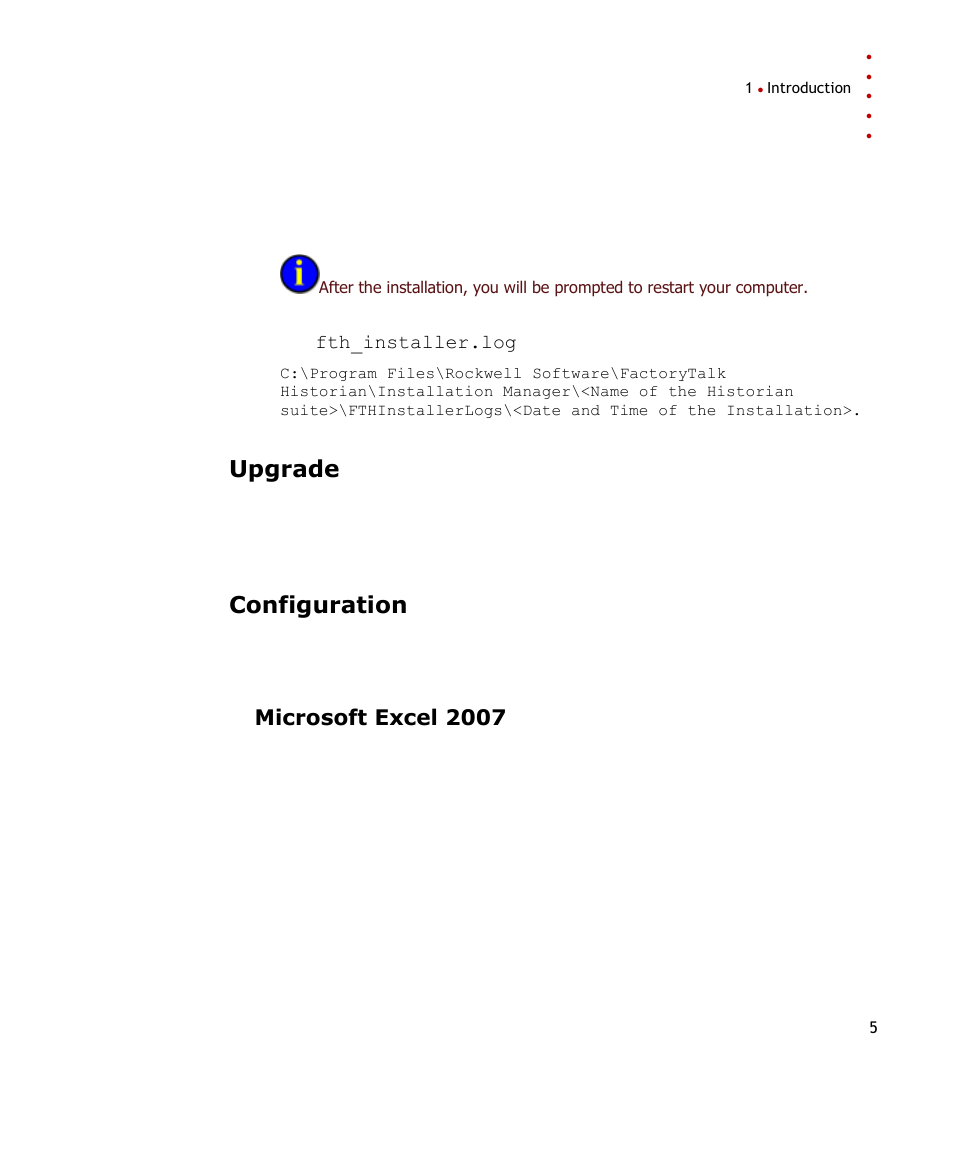 Upgrade, Configuration, Microsoft excel 2007 | Rockwell Automation FactoryTalk Historian SE DataLink 4.2 User Guide User Manual | Page 13 / 164