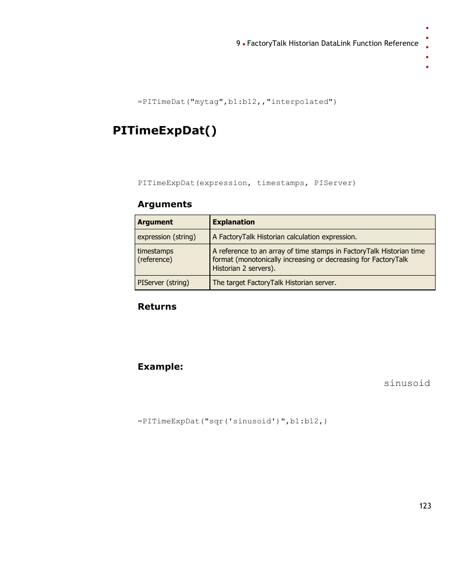 Pitimeexpdat() | Rockwell Automation FactoryTalk Historian SE DataLink 4.2 User Guide User Manual | Page 131 / 164