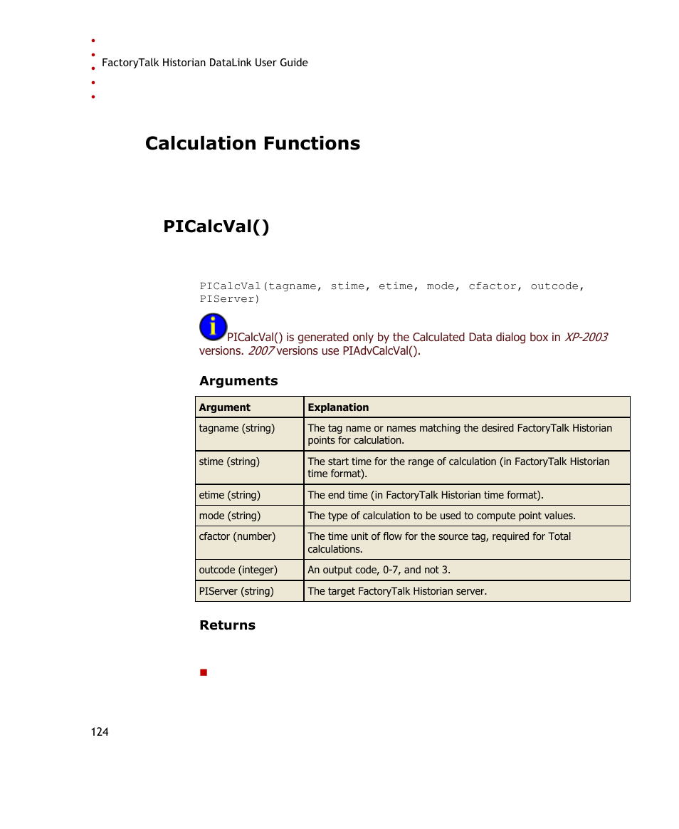 Calculation functions, Picalcval() | Rockwell Automation FactoryTalk Historian SE DataLink 4.2 User Guide User Manual | Page 132 / 164