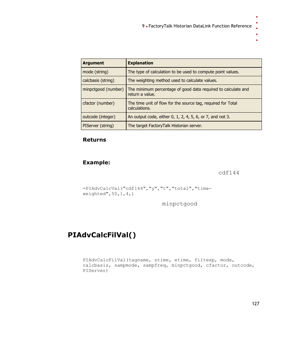 Piadvcalcfilval() | Rockwell Automation FactoryTalk Historian SE DataLink 4.2 User Guide User Manual | Page 135 / 164