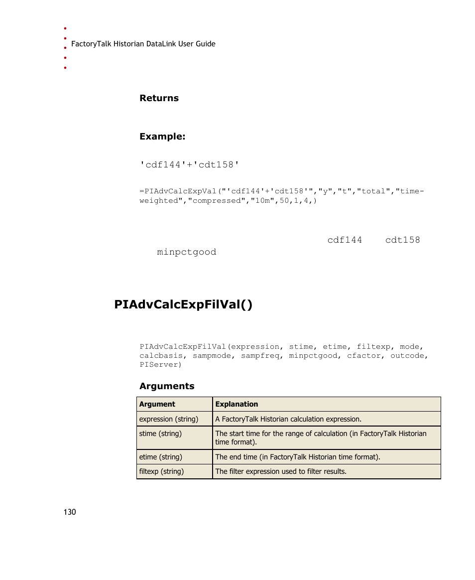 Piadvcalcexpfilval() | Rockwell Automation FactoryTalk Historian SE DataLink 4.2 User Guide User Manual | Page 138 / 164
