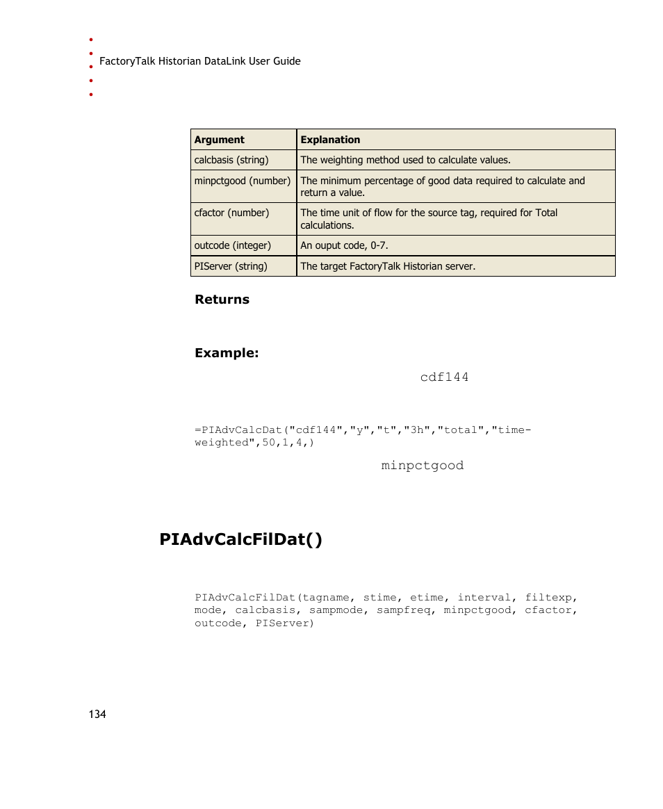 Piadvcalcfildat() | Rockwell Automation FactoryTalk Historian SE DataLink 4.2 User Guide User Manual | Page 142 / 164