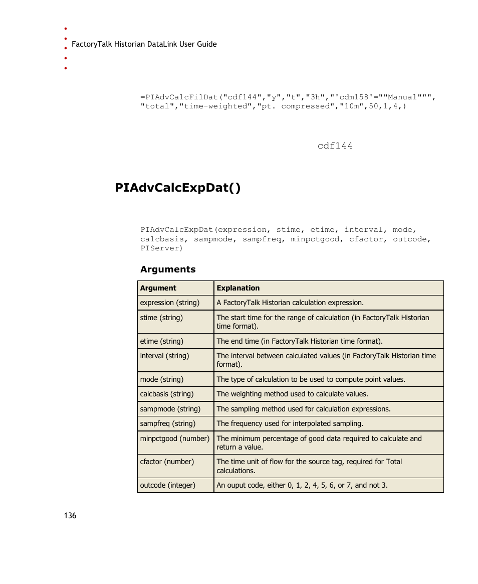 Piadvcalcexpdat() | Rockwell Automation FactoryTalk Historian SE DataLink 4.2 User Guide User Manual | Page 144 / 164