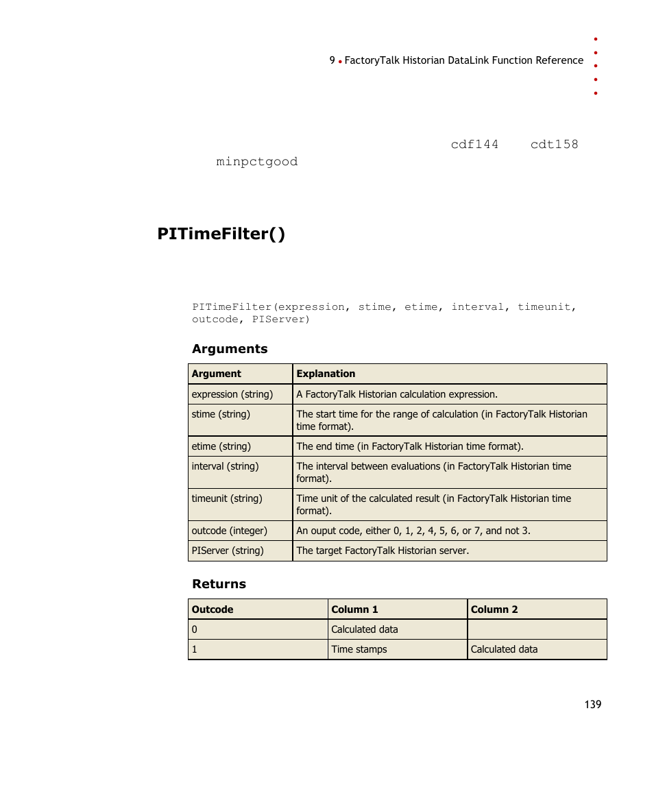 Pitimefilter() | Rockwell Automation FactoryTalk Historian SE DataLink 4.2 User Guide User Manual | Page 147 / 164