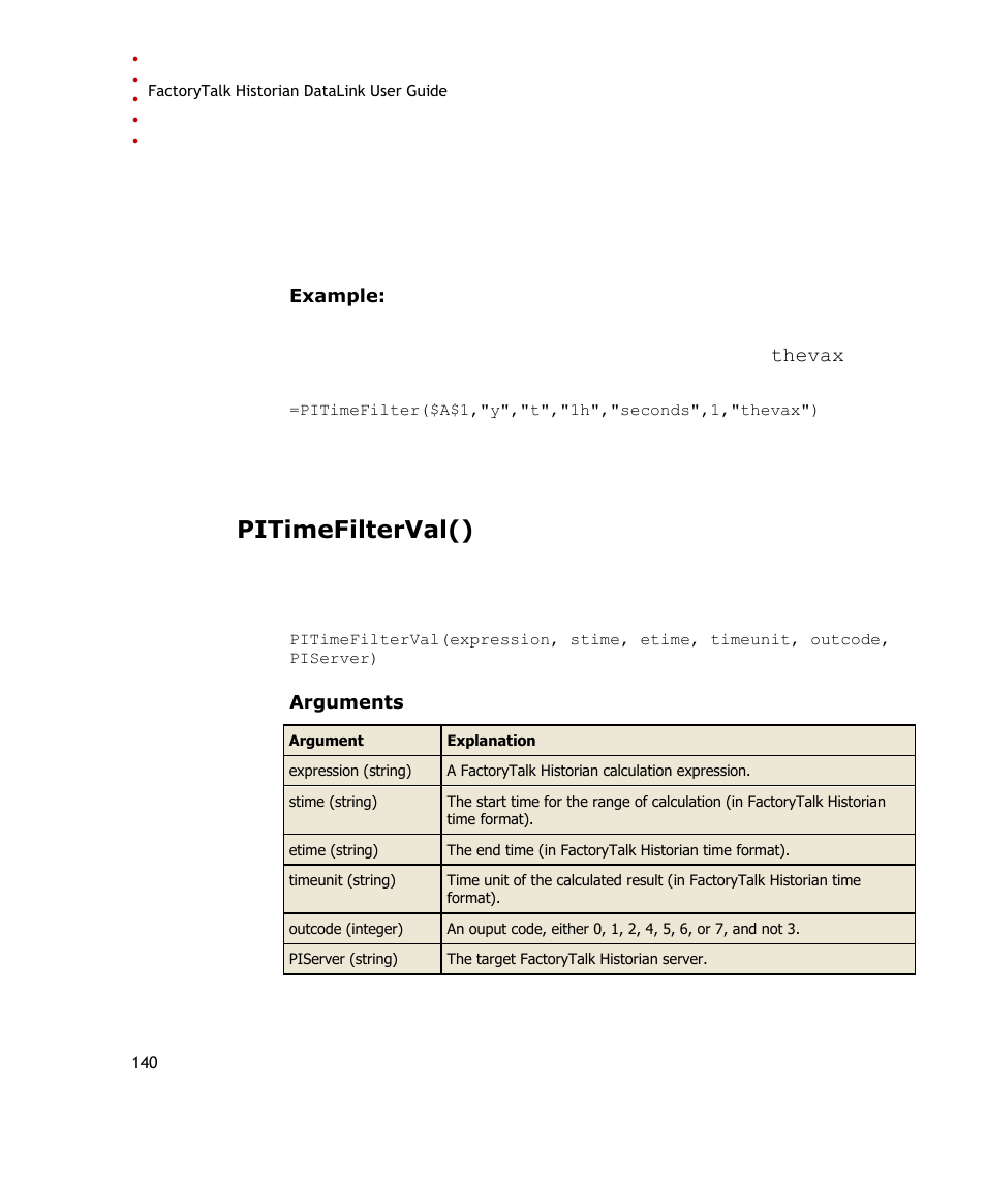Pitimefilterval() | Rockwell Automation FactoryTalk Historian SE DataLink 4.2 User Guide User Manual | Page 148 / 164