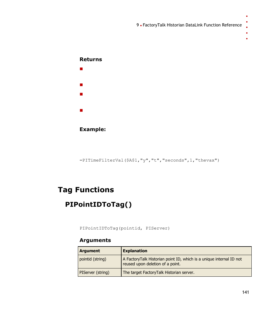 Tag functions, Pipointidtotag() | Rockwell Automation FactoryTalk Historian SE DataLink 4.2 User Guide User Manual | Page 149 / 164