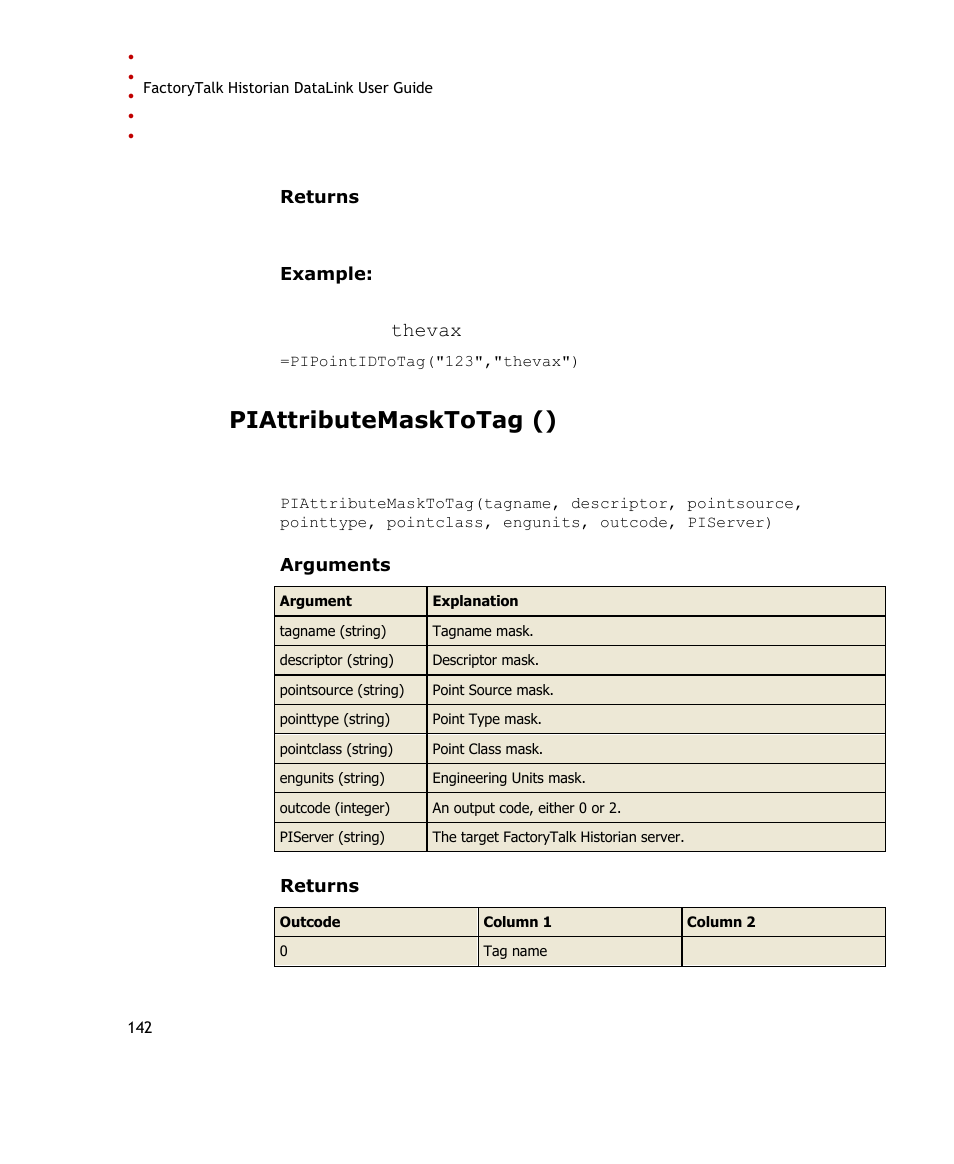 Piattributemasktotag (), Tag name | Rockwell Automation FactoryTalk Historian SE DataLink 4.2 User Guide User Manual | Page 150 / 164