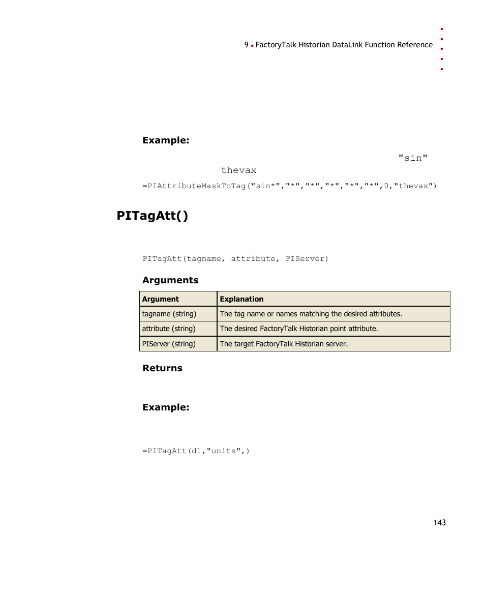 Pitagatt(), Tag attribute value | Rockwell Automation FactoryTalk Historian SE DataLink 4.2 User Guide User Manual | Page 151 / 164