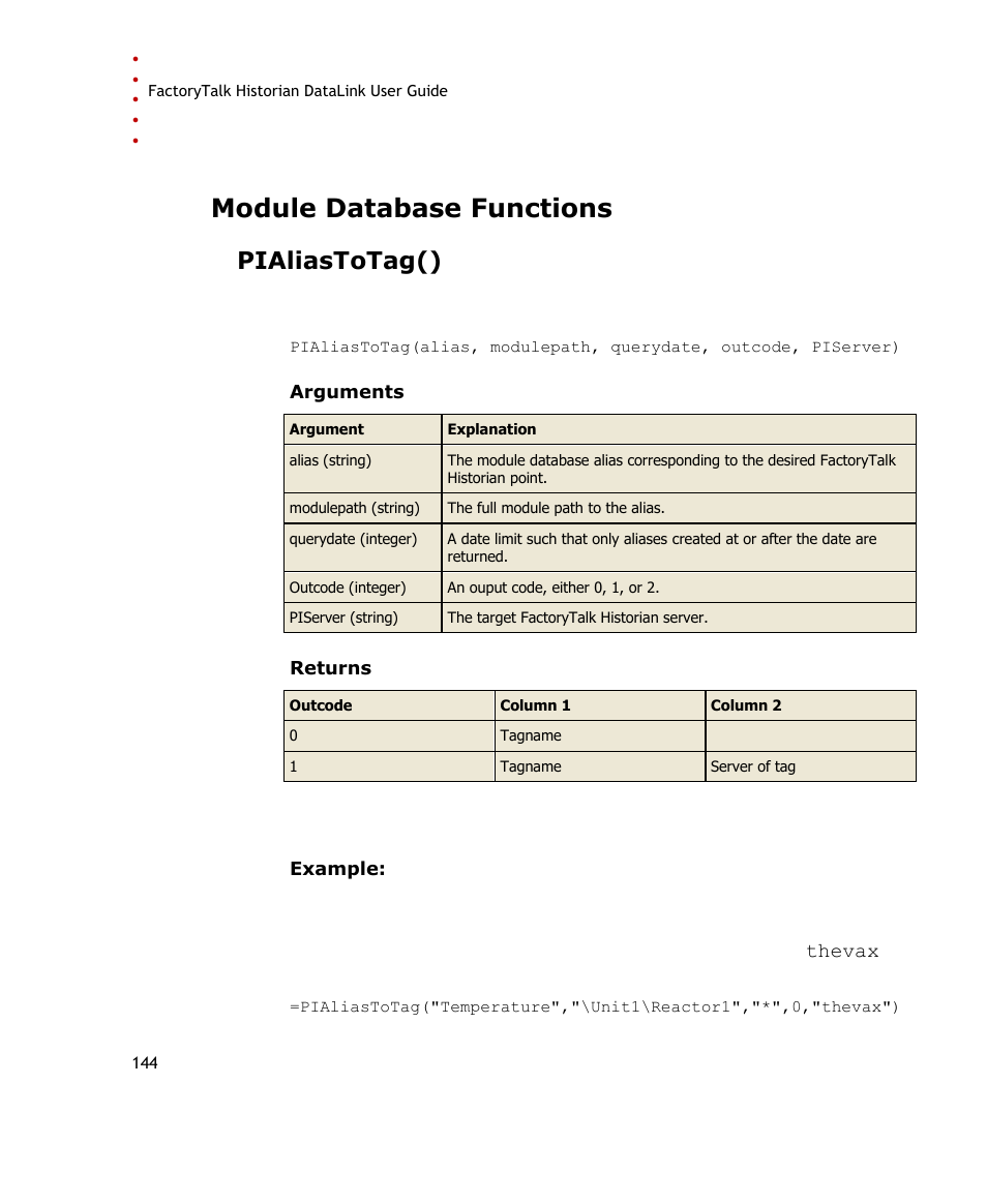 Module database functions, Pialiastotag() | Rockwell Automation FactoryTalk Historian SE DataLink 4.2 User Guide User Manual | Page 152 / 164