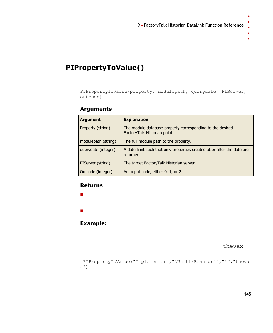 Pipropertytovalue() | Rockwell Automation FactoryTalk Historian SE DataLink 4.2 User Guide User Manual | Page 153 / 164