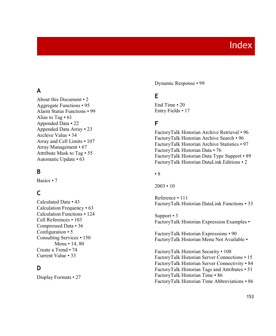 Index | Rockwell Automation FactoryTalk Historian SE DataLink 4.2 User Guide User Manual | Page 161 / 164