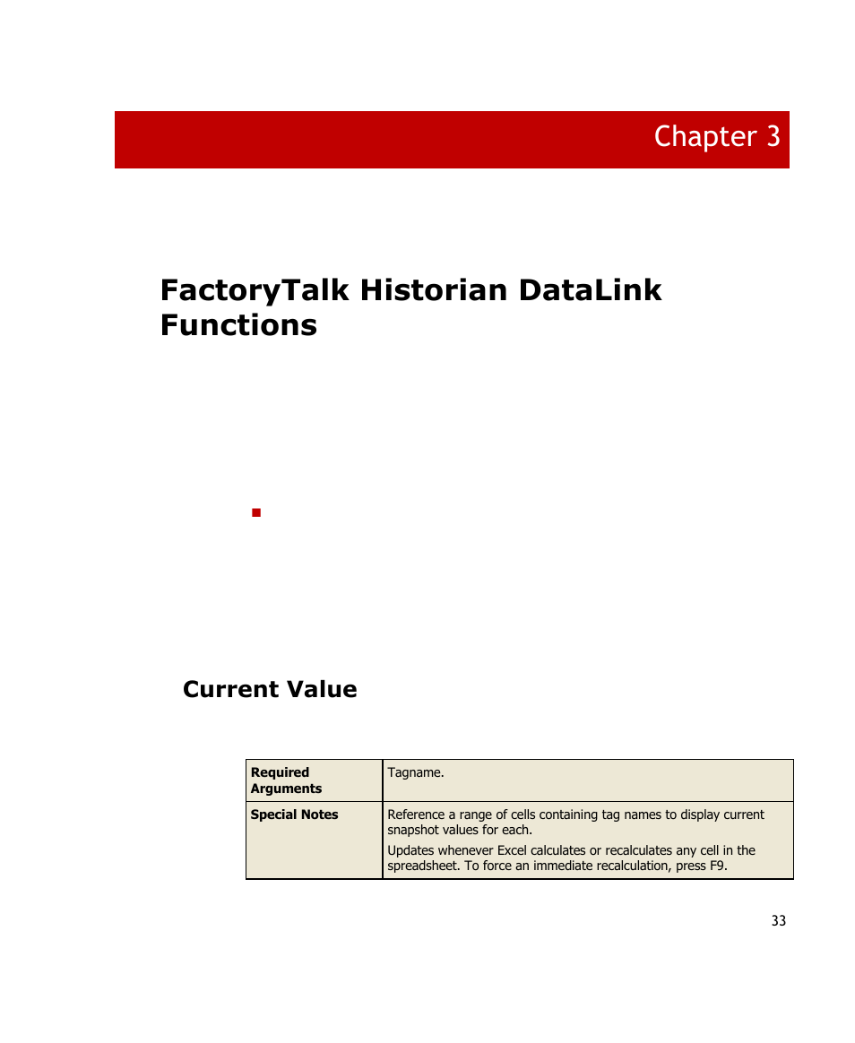 Factorytalk historian datalink functions, Current value, Chapter 3 | Rockwell Automation FactoryTalk Historian SE DataLink 4.2 User Guide User Manual | Page 41 / 164