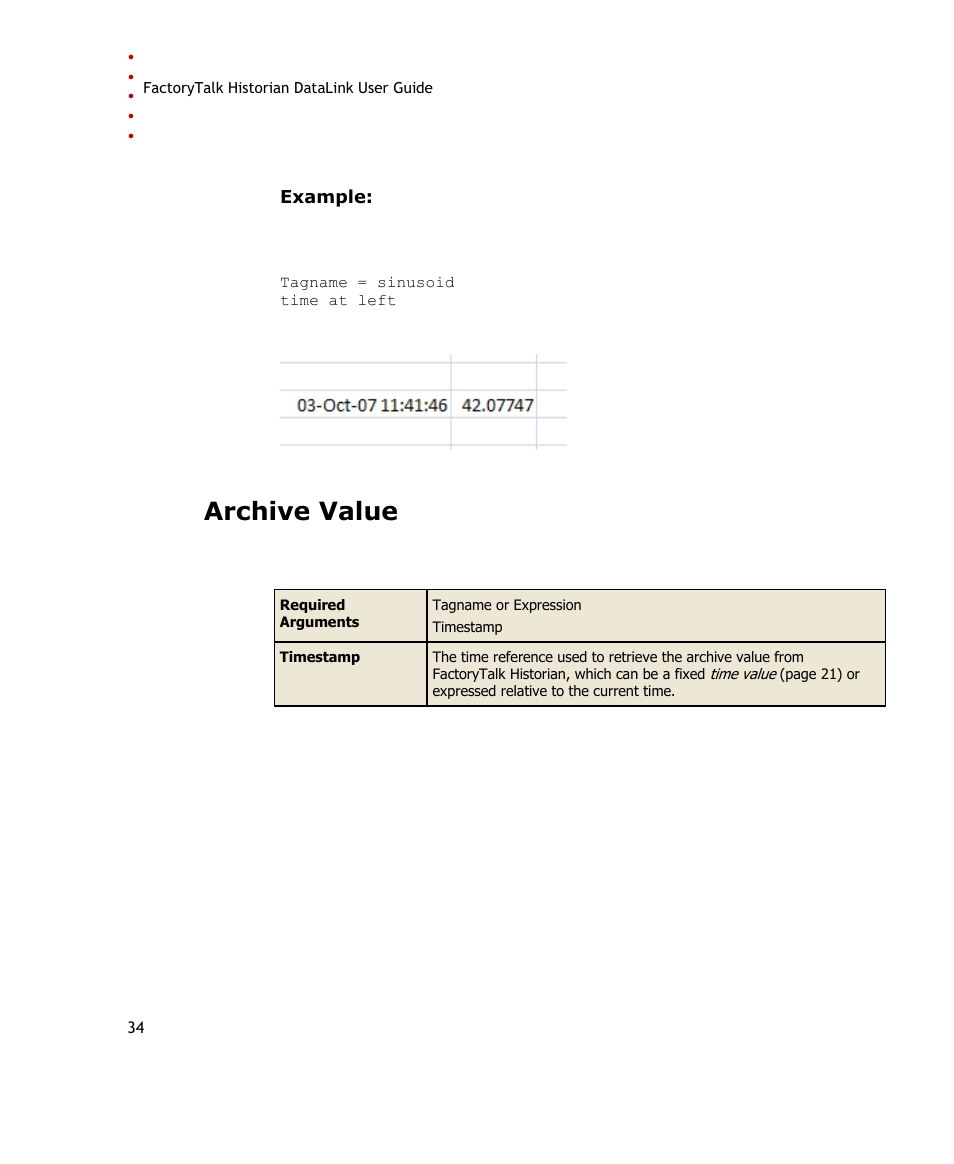 Archive value, The resulting function array appears as | Rockwell Automation FactoryTalk Historian SE DataLink 4.2 User Guide User Manual | Page 42 / 164