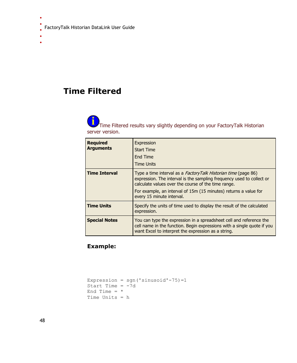 Time filtered | Rockwell Automation FactoryTalk Historian SE DataLink 4.2 User Guide User Manual | Page 56 / 164
