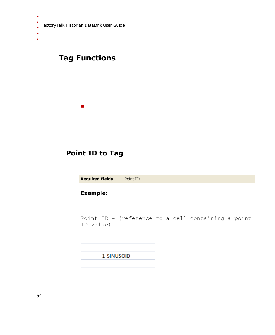 Tag functions, Point id to tag | Rockwell Automation FactoryTalk Historian SE DataLink 4.2 User Guide User Manual | Page 62 / 164