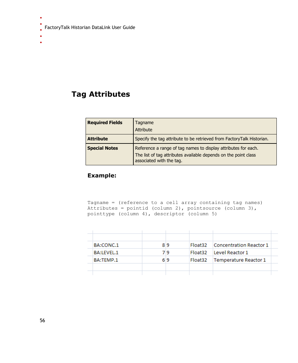 Tag attributes | Rockwell Automation FactoryTalk Historian SE DataLink 4.2 User Guide User Manual | Page 64 / 164