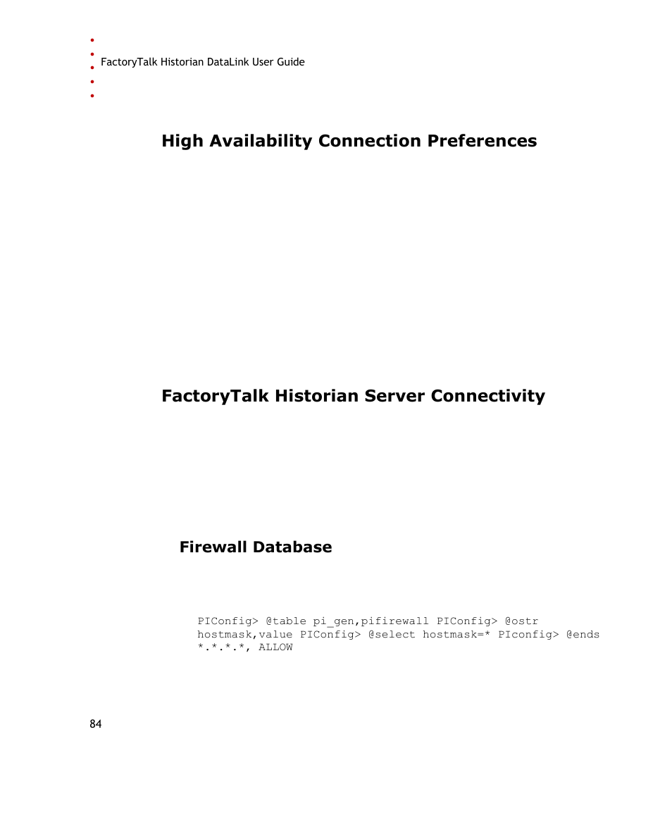 High availability connection preferences, Factorytalk historian server connectivity, Firewall database | Rockwell Automation FactoryTalk Historian SE DataLink 4.2 User Guide User Manual | Page 92 / 164