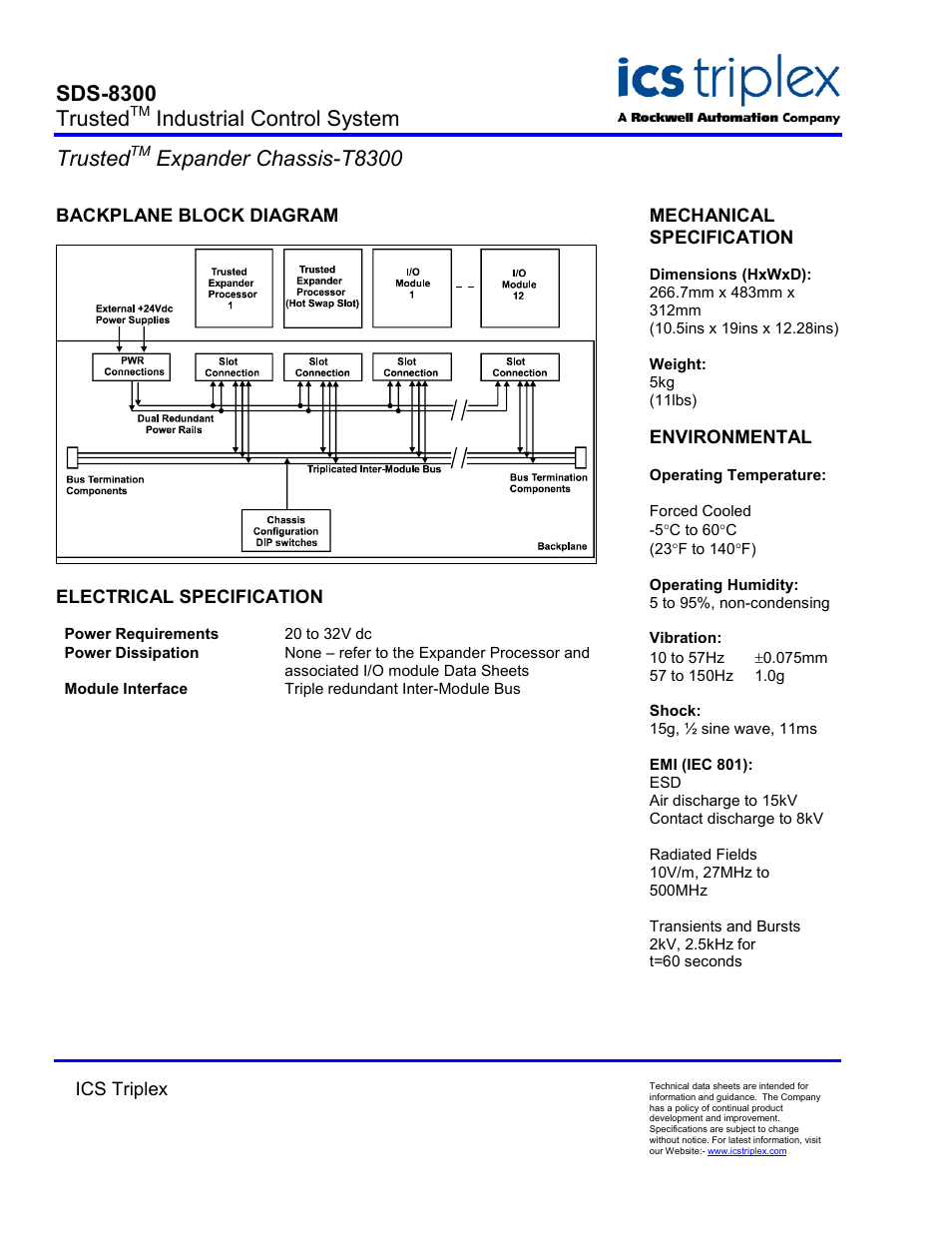 Backplane block diagram, Electrical specification, Sds-8300 trusted | Industrial control system trusted, Expander chassis-t8300 | Rockwell Automation T8300 Trusted Expander Chassis User Manual | Page 2 / 2