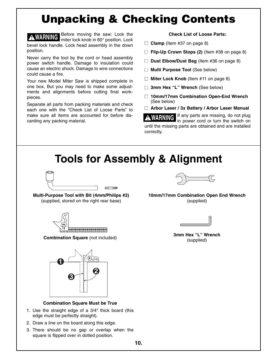 Tools for assembly & alignment, Unpacking & checking contents, Warning | Bosch 4212L User Manual | Page 10 / 112