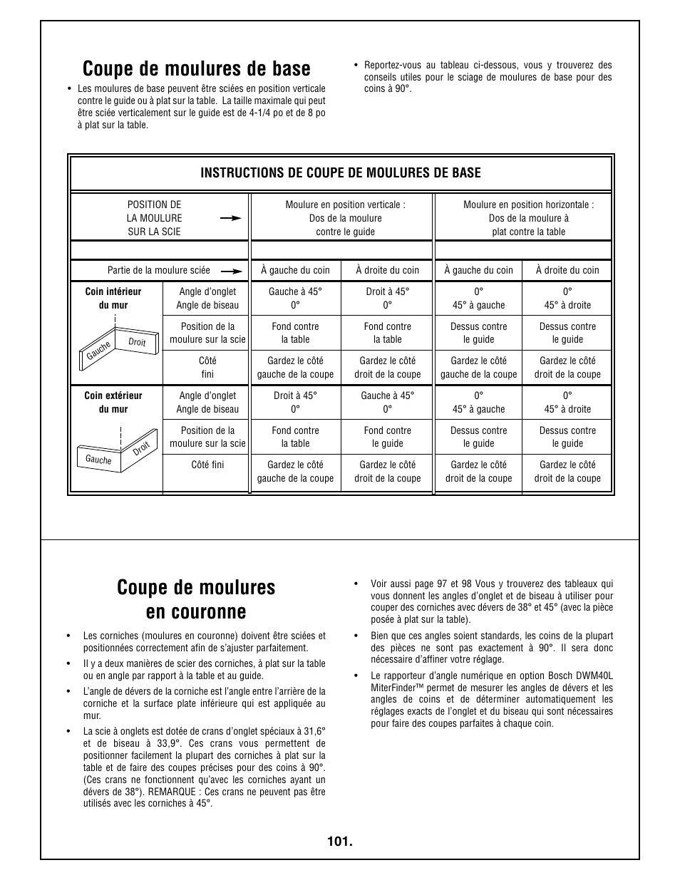 Coupe de moulures de base, Coupe de moulures en couronne, Instructions de coupe de moulures de base | Bosch 4212L User Manual | Page 101 / 112