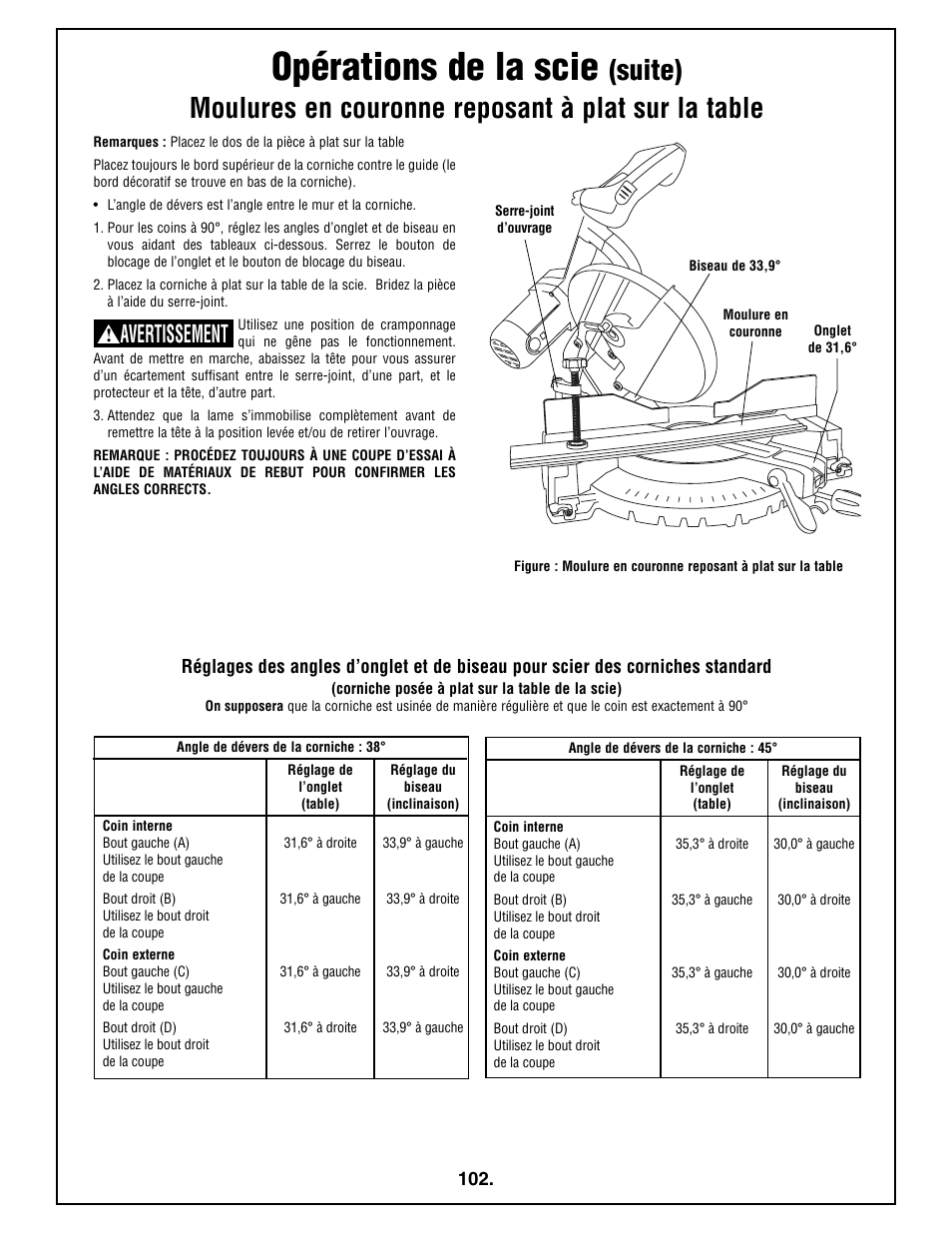 Opérations de la scie, Avertissement | Bosch 4212L User Manual | Page 102 / 112