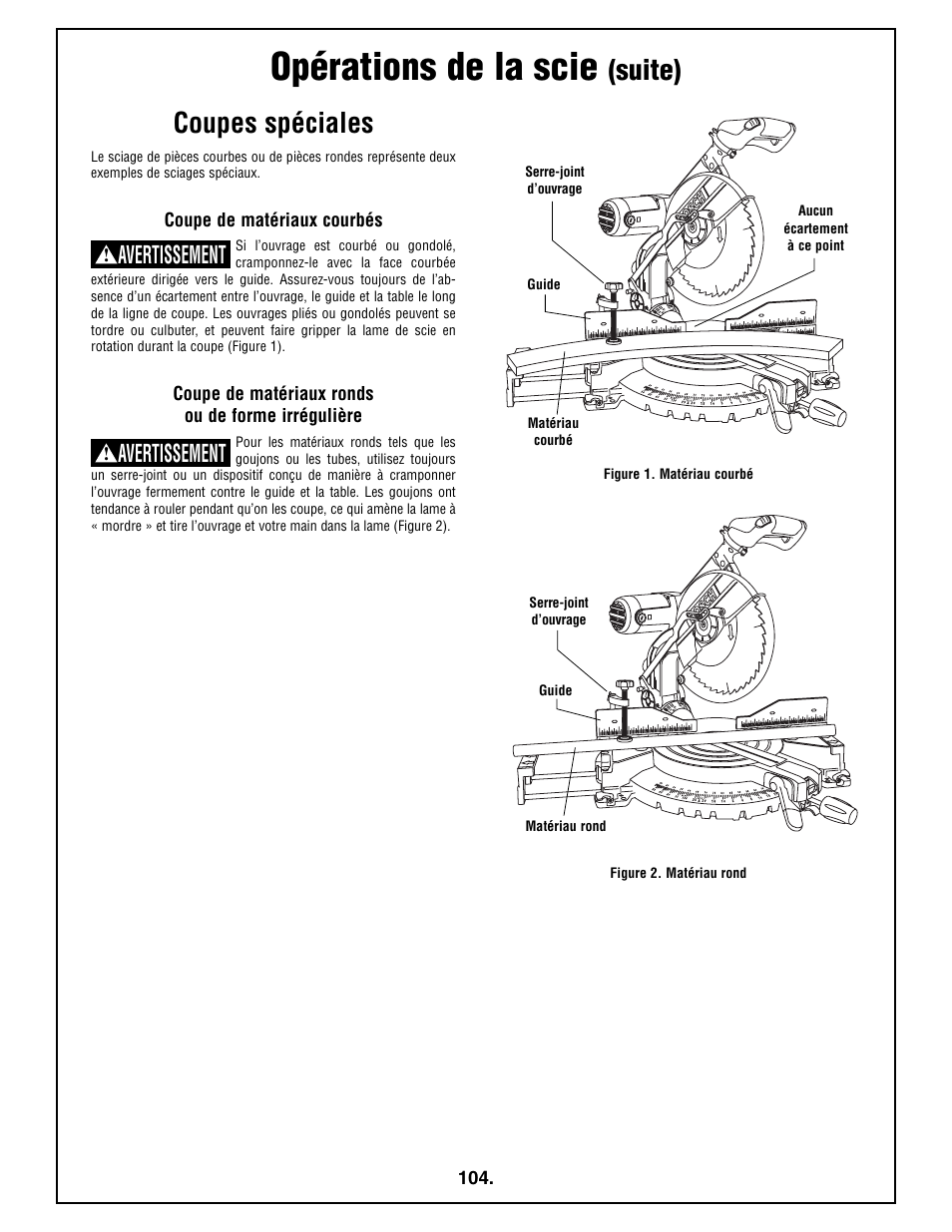 Opérations de la scie, Suite) coupes spéciales, Avertissement | Bosch 4212L User Manual | Page 104 / 112