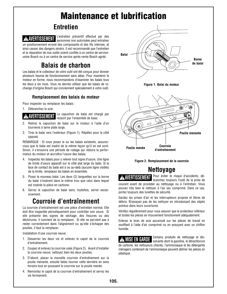 Maintenance et lubrification, Entretien, Balais de charbon | Courroie d’entraînement, Nettoyage, Avertissement, Mise en garde | Bosch 4212L User Manual | Page 105 / 112