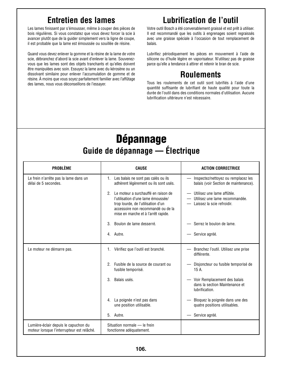 Dépannage, Lubrification de l’outil, Roulements | Bosch 4212L User Manual | Page 106 / 112