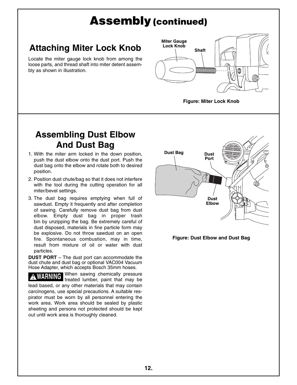 Assembly, Assembling dust elbow and dust bag, Attaching miter lock knob | Continued), Warning | Bosch 4212L User Manual | Page 12 / 112