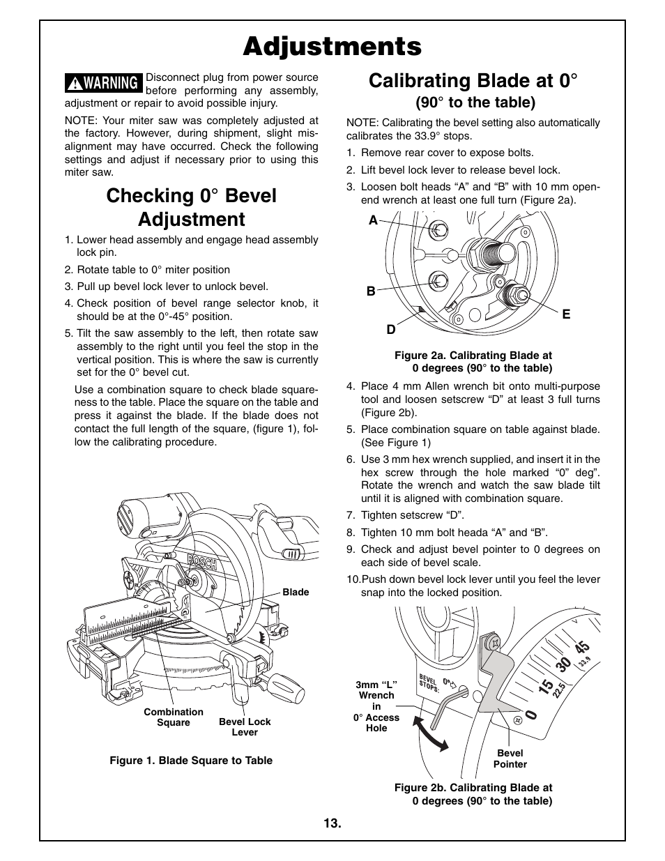 Adjustments, Checking 0° bevel adjustment, Calibrating blade at 0 | Warning, 90° to the table) | Bosch 4212L User Manual | Page 13 / 112