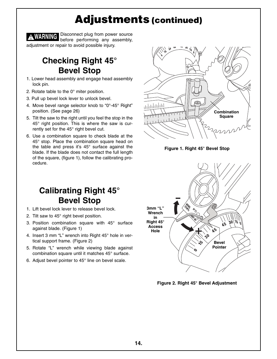 Adjustments, Checking right 45° bevel stop, Continued) | Calibrating right 45° bevel stop, Warning | Bosch 4212L User Manual | Page 14 / 112