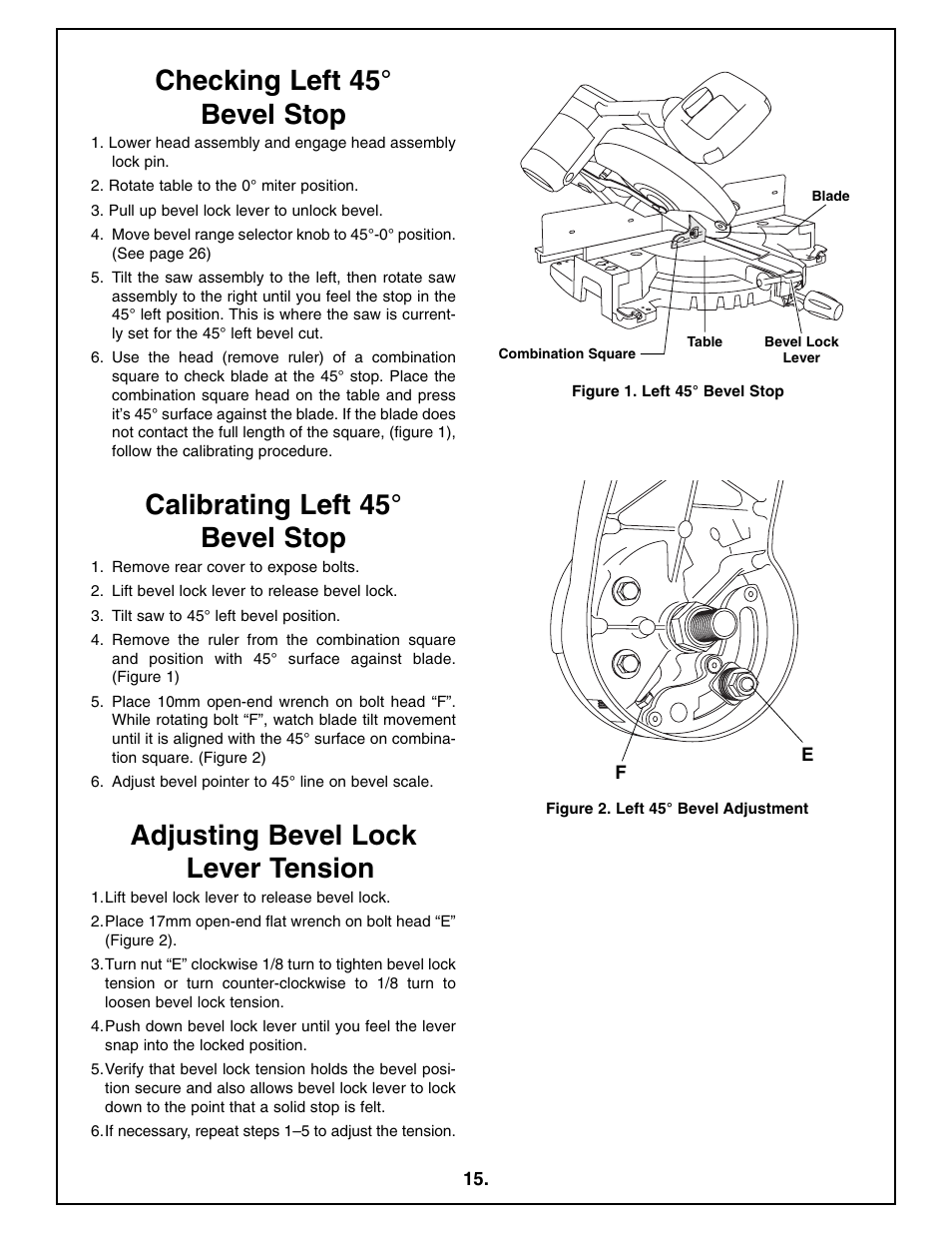 Checking left 45° bevel stop, Calibrating left 45° bevel stop, Adjusting bevel lock lever tension | Bosch 4212L User Manual | Page 15 / 112