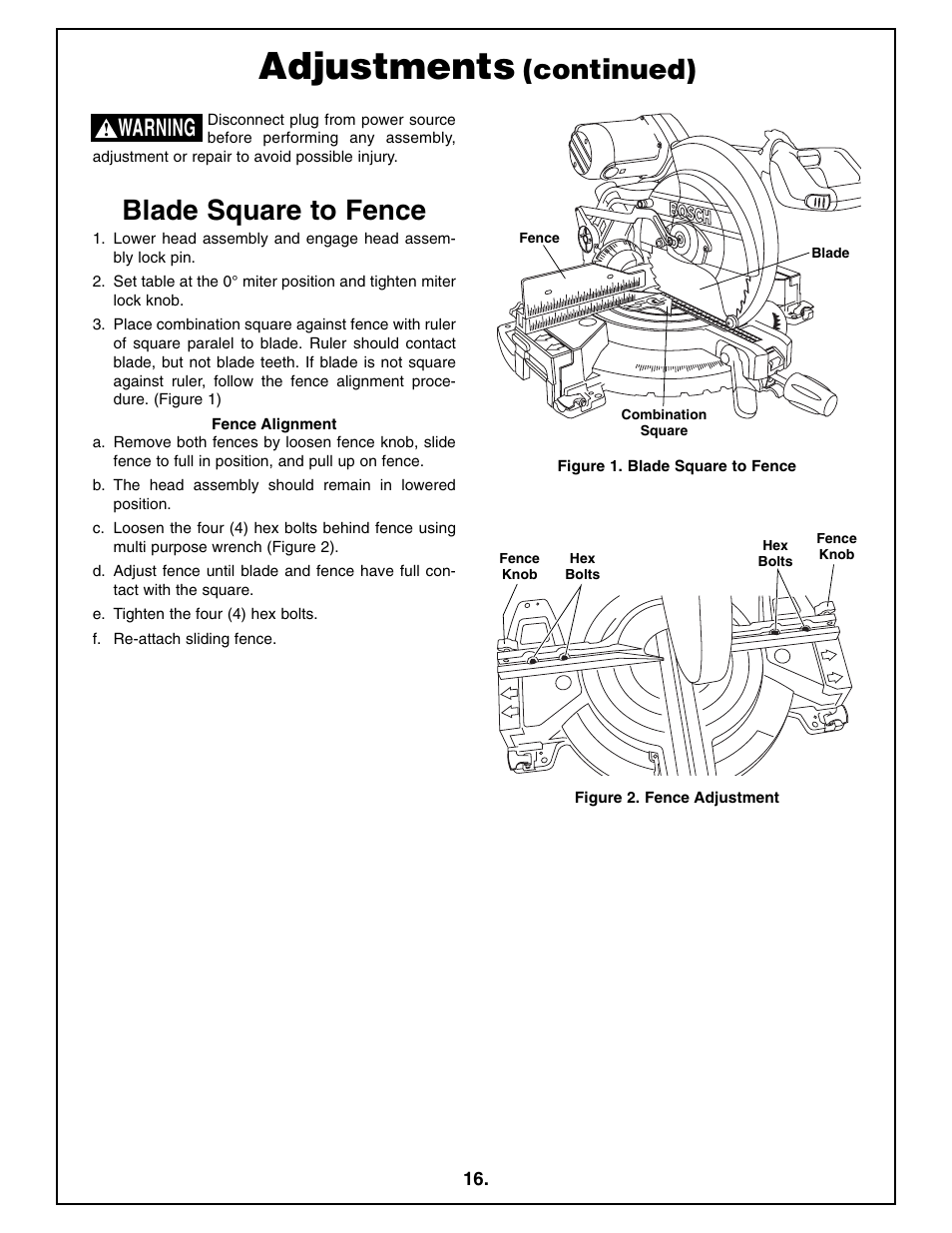 Adjustments, Continued), Blade square to fence | Warning | Bosch 4212L User Manual | Page 16 / 112