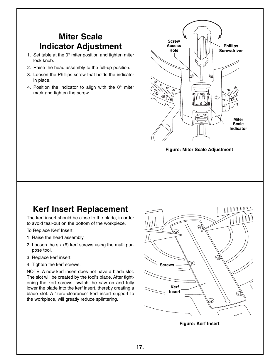 Miter scale indicator adjustment, Kerf insert replacement | Bosch 4212L User Manual | Page 17 / 112