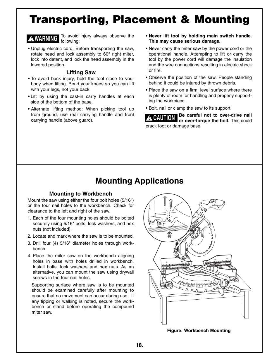 Transporting, placement & mounting, Mounting applications, Warning | Caution | Bosch 4212L User Manual | Page 18 / 112