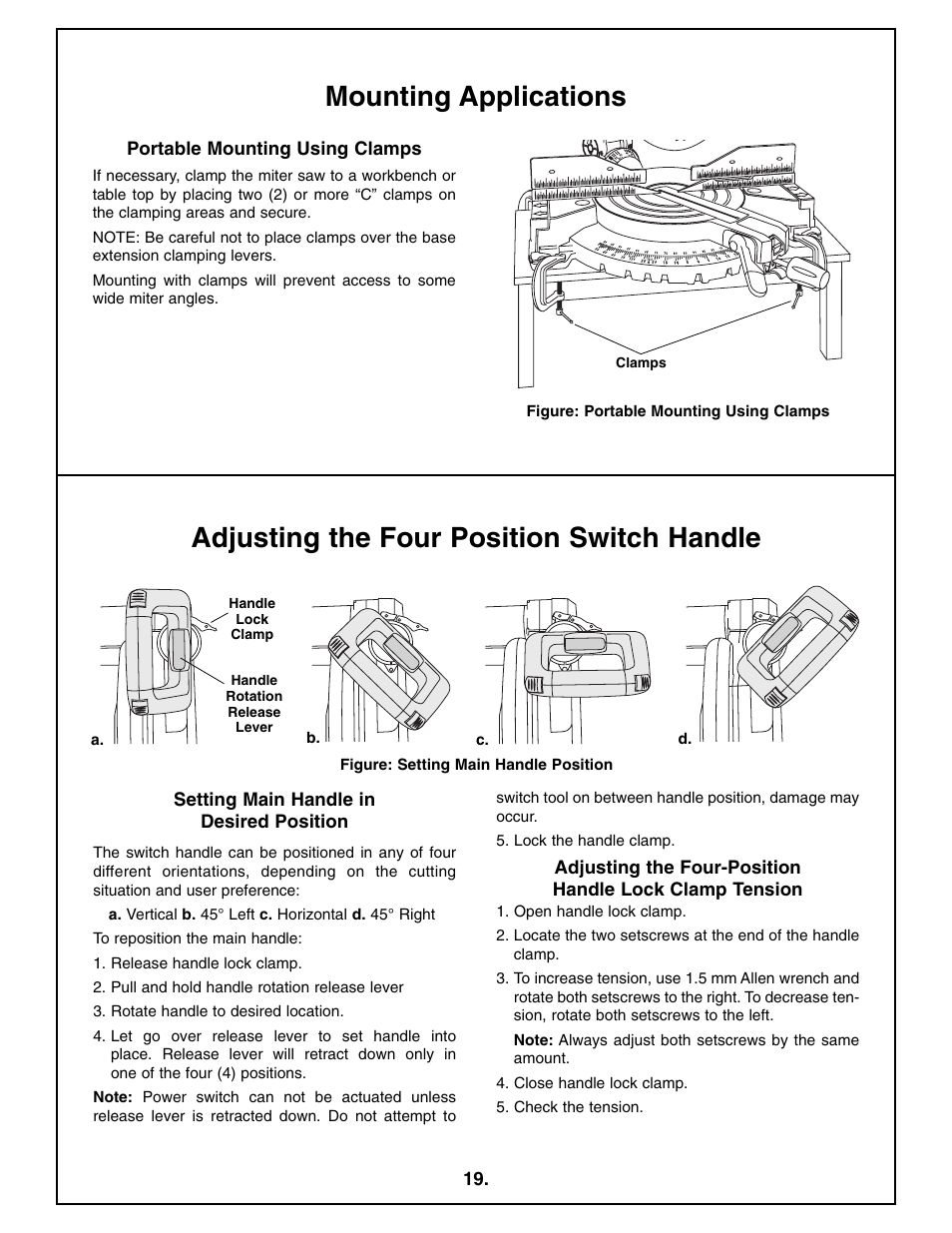 Mounting applications, Adjusting the four position switch handle | Bosch 4212L User Manual | Page 19 / 112