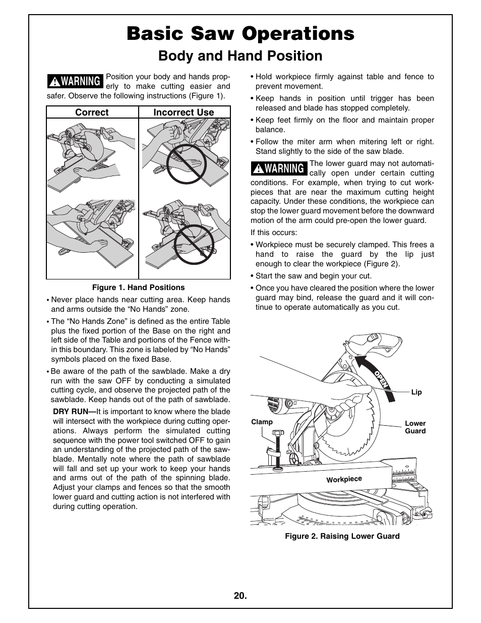 Basic saw operations, Body and hand position, Warning | Bosch 4212L User Manual | Page 20 / 112