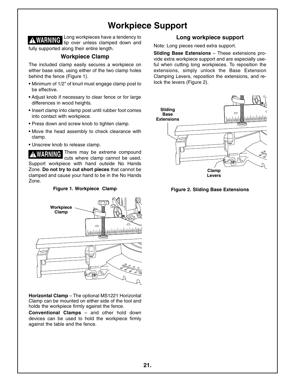 Workpiece support, Warning | Bosch 4212L User Manual | Page 21 / 112
