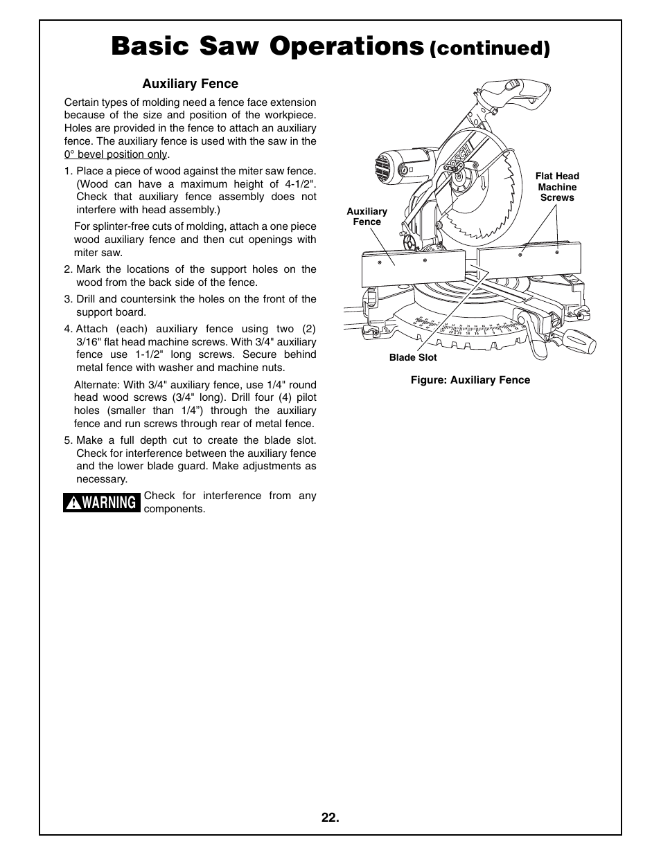 Basic saw operations, Continued), Warning | Bosch 4212L User Manual | Page 22 / 112