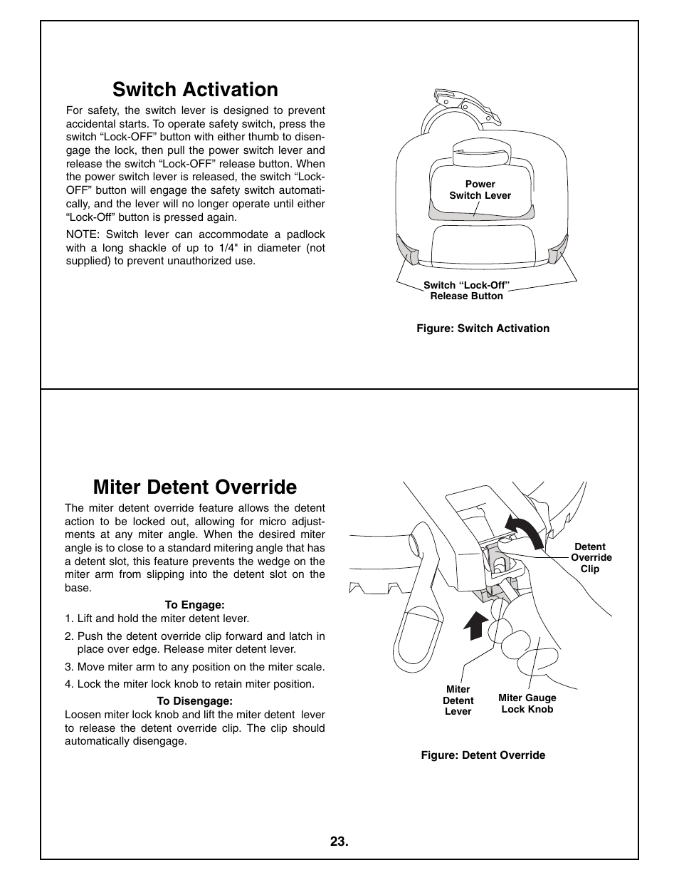 Miter detent override, Switch activation | Bosch 4212L User Manual | Page 23 / 112
